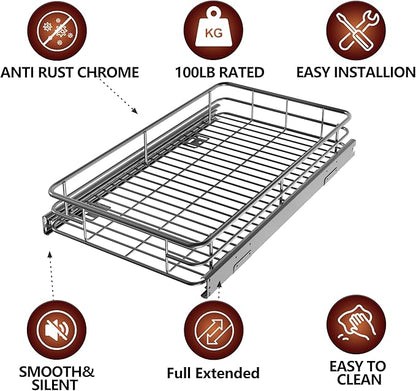 Pull Out Cabinet Organizer (20" W x 21" D), Put Out Shelves for Kitchen Cabinets, Roll Out Drawers Heavy-Duty Metal Sliding Shelf, Bottom Mount