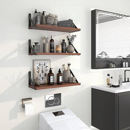 Heimlove Floating Shelves for Wall, 16 Inch Long Wood Floating Shelves Set of 3, Wall Mounted Hanging Shelf for Bathroom Bedroom Kitchen, Walnut