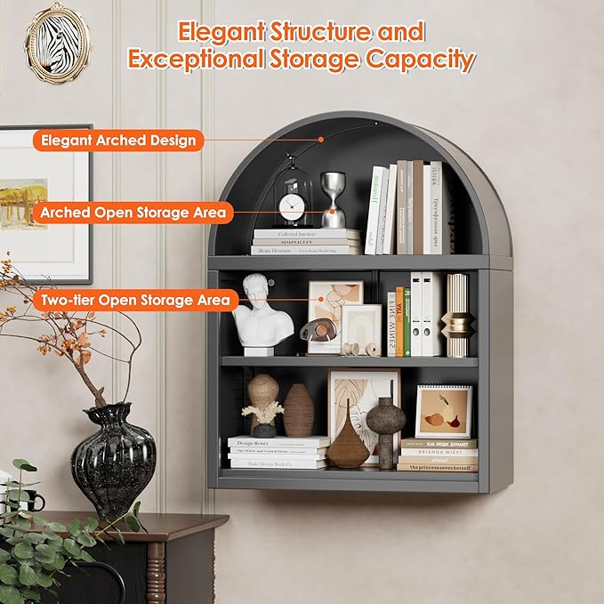 Arched Wall Shelf, Bathroom Arched Wall Cabinet with Adjustable Shelves for Bathroom, Living Room, Dining Room, Laundry, Kitchen