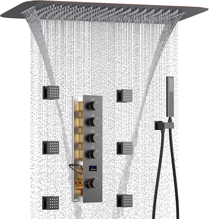 Temperature Display Oil Rubbed Bronze Shower System with 16X24 inch Ceiling Mounted Shower Head(Rain & Waterfall Modes), with 6 PCS Body Jet and Handheld Spray