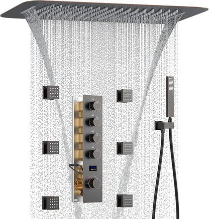 Temperature Display Oil Rubbed Bronze Shower System with 16X24 inch Ceiling Mounted Shower Head(Rain & Waterfall Modes), with 6 PCS Body Jet and Handheld Spray