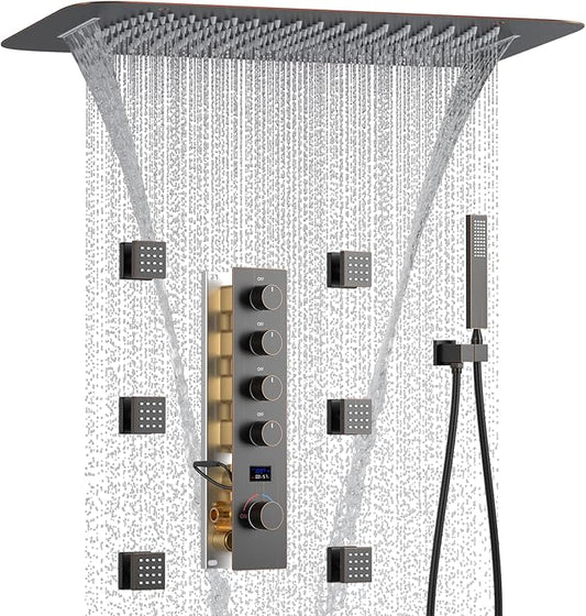 Temperature Display Oil Rubbed Bronze Shower System with 16X24 inch Ceiling Mounted Shower Head(Rain & Waterfall Modes), with 6 PCS Body Jet and Handheld Spray