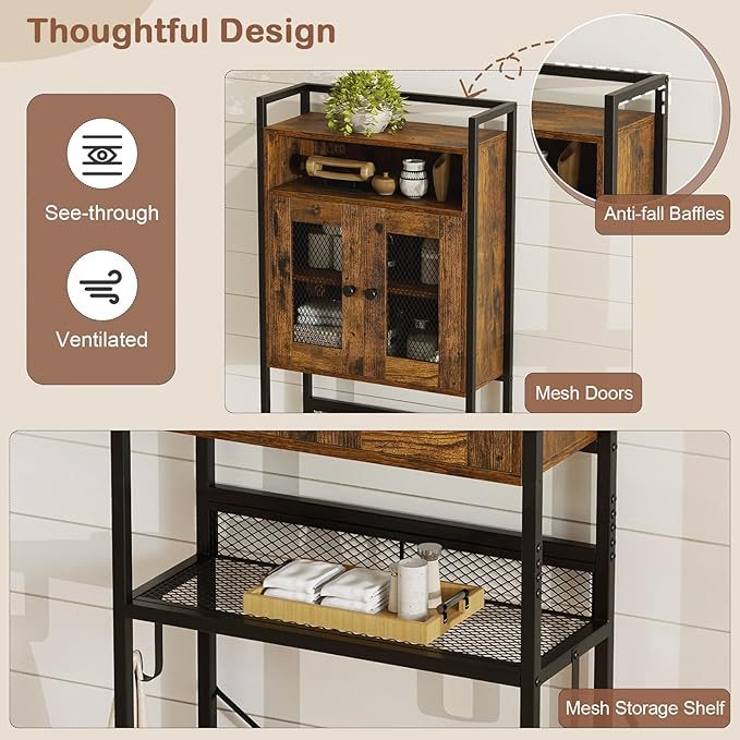 Tangkula Over The Toilet Storage Cabinet, 5-Tier Space Saver Above Toilet with 2 Mesh Doors, Metal Stand, Toilet Paper Holder & Hook, Freestanding Bathroom Cabinet Organizer for Laundry, Rustic Brown