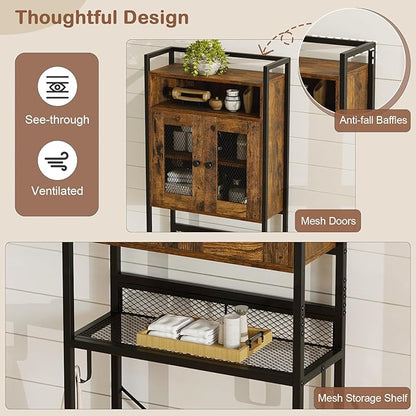 Tangkula Over The Toilet Storage Cabinet, 5-Tier Space Saver Above Toilet with 2 Mesh Doors, Metal Stand, Toilet Paper Holder & Hook, Freestanding Bathroom Cabinet Organizer for Laundry, Rustic Brown