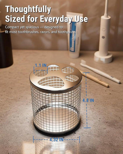 Toothbrush Holder Stand for Bathroom, 304 Stainless Steel Ventilated Organizer for Countertop with Slots for Manual Toothbrushes & Toothpaste, Family Size Tooth Brush Holder