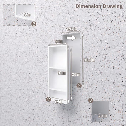 No Tile Needed Shower Niche for Bathroom Storage,Recessed Wall Niche,Three-Tier Shelves,Stainless Steel 12"×30" Matte White (White, 30 * 12 in)