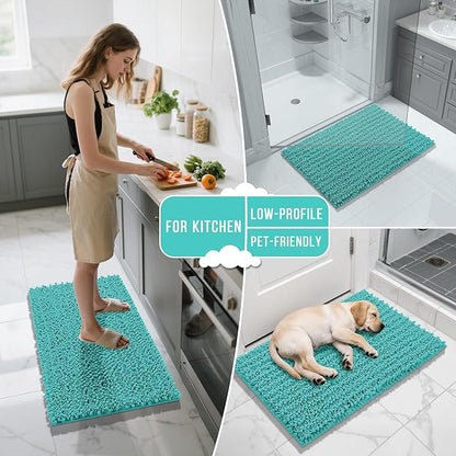 Yimobra Long Bathroom Rugs Non Slip Washable 44x24 Inch - Ultra Soft Absorbent Chenille Bath Mat, Quick Dry Shaggy Floor Carpet for Tub Shower, Lake Blue Home Decor Accessories
