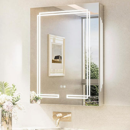 TokeShimi 24 x 32 Bathroom Mirror Medicine Cabinet with Light 3 Colors, Anti-Fog Tempered LED Mirror with Storage, Stepless Dimming CRI 80+, Memory Funtion, Wall Mirrored Cabinet for Bathroom Décor
