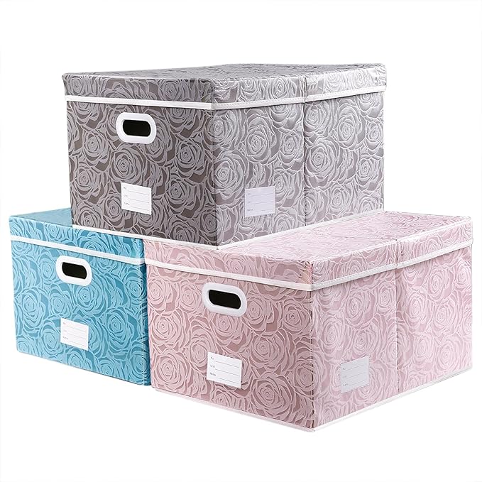 PRANDOM Extra Large Collapsible Storage Cubes with Lids Fabric Decorative Storage Bins Boxes Organizer Baskets with Cover Handles for Bedroom Closet Living Room 19.6x15.7x11.8 Inch 3 Pack