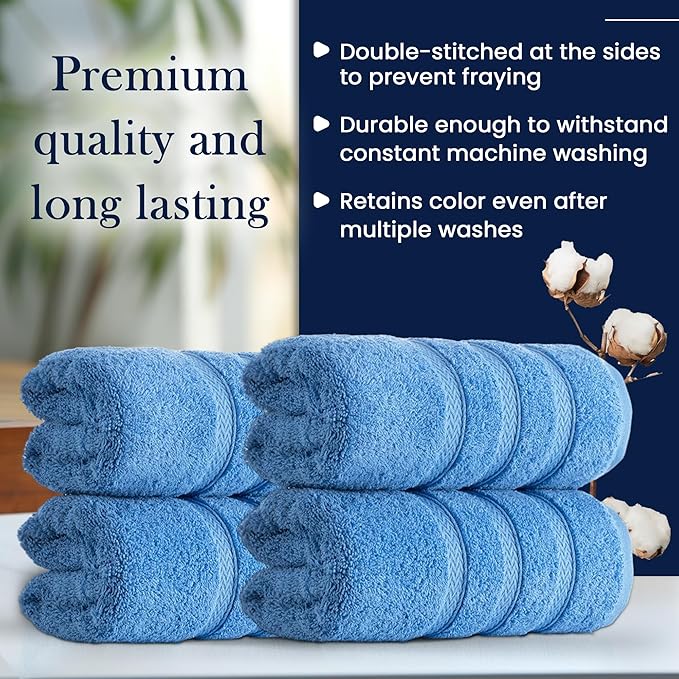 HALLEY Turkish 4 Pack Premium Hand Towels (4 Pieces) 650 GSM Highly Absorbent Super Soft 100% Cotton - 4 Hand Towels (Blue)