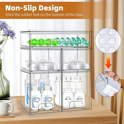 Baby Bottle Organizer, 5 Pack Stackable Storage Drawers with Labels, Clear Station Organizers Container for Pacifiers, Pump Parts, Desk Organizer Bins for Bathroom, Cabinet, Pantry, Vanity, Countertop