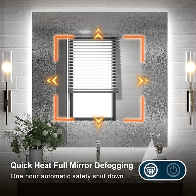 TETOTE 36x36Inch LED Backlit Bathroom Mirror with Lights,3Color White/Warm/Natural,Anti-Fog Lighted Mirror,Dimmable,Vanity Mirror,Wall Mounted