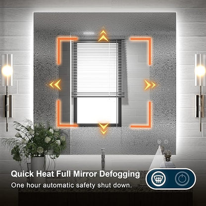TETOTE 36x36Inch LED Backlit Bathroom Mirror with Lights,3Color White/Warm/Natural,Anti-Fog Lighted Mirror,Dimmable,Vanity Mirror,Wall Mounted