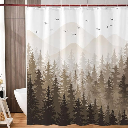 Aipon Brown Misty Forest Shower Curtain Ombre Nature Tree Plants Shower Curtains Fabric Waterproof Mountain Shower Curtain Sets for Bathroom Bath Decor with 12 Hooks (Brown, 72'' × 78'')