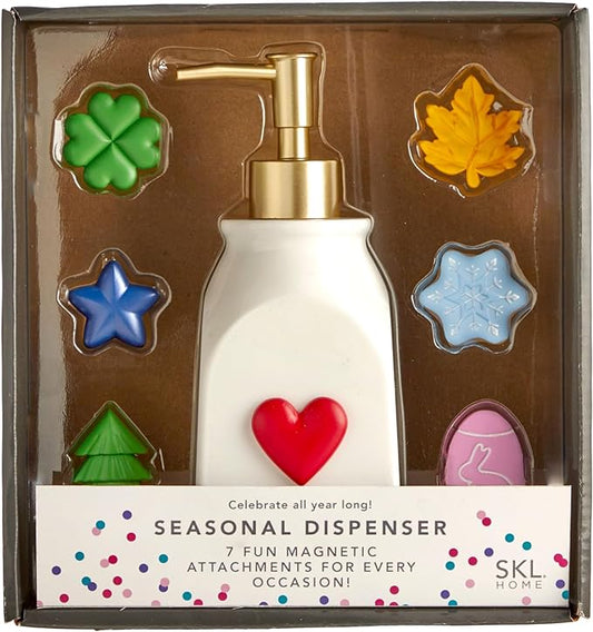 SKL Home Seasonal Soap/Lotion Dispenser Gift Set with 7 Interchangeable Magnetic Holiday Attachments, Refillable for Bathroom & Kitchen, Gold