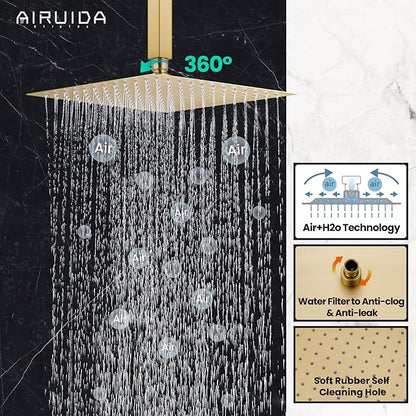 Airuida Shower Faucet Set and Handle Set Single Function Shower Trim Kit Ceiling Mount Rainfall Shower System with Male Threads and Rough-in Valve 12 Inch Square Shower Head Brushed Gold