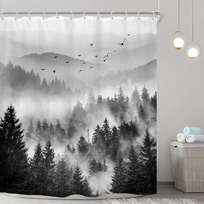 Riyidecor Extra Long Black and White Shower Curtain 72Wx78H Inch Foggy Scene Alpine Tree Misty Mountain View Pine Wood Nature Natural Botanical Bathroom Decor Fabric Polyester Waterproof 12 Pack Hooks