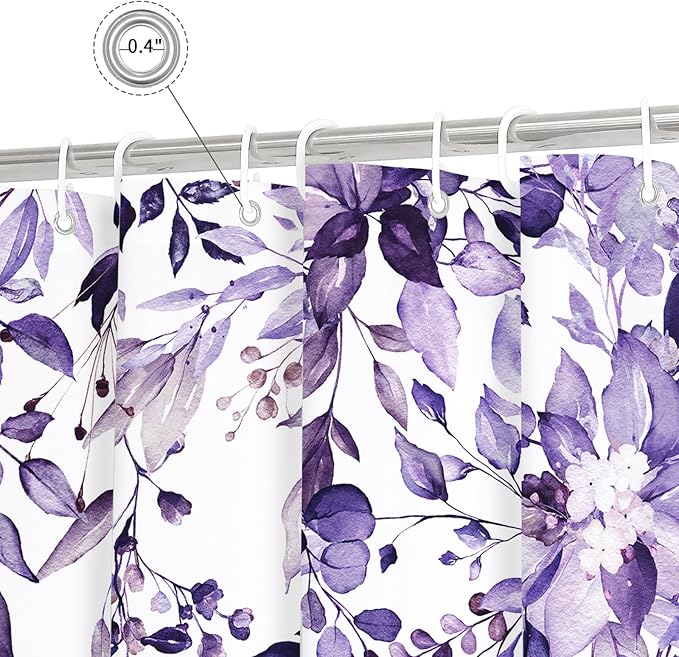 Gibelle Extra Long Shower Curtain 72 x 84, Purple Floral Shower Curtain for Bathroom, Watercolor Plant Eucalyptus Leaves Fabric Shower Curtain Set