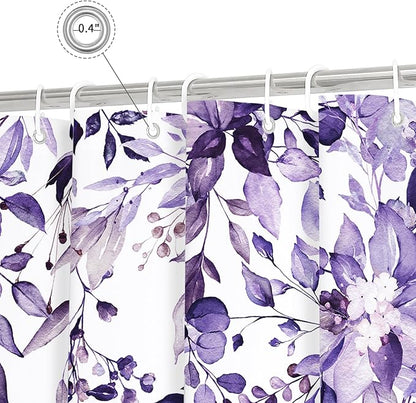 Gibelle Extra Long Shower Curtain 72 x 84, Purple Floral Shower Curtain for Bathroom, Watercolor Plant Eucalyptus Leaves Fabric Shower Curtain Set