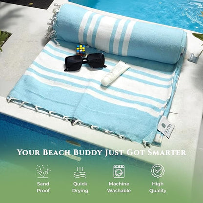 Turkish Cotton Beach Towel Pack of 4 & 1 Boho Tote Bag - Hammam Towels - No Shrink - Quick Dry - Lightweight - Sand Free - Camping - Pool - Tanning - Beach Essentials - Sky Blue (40"x70")