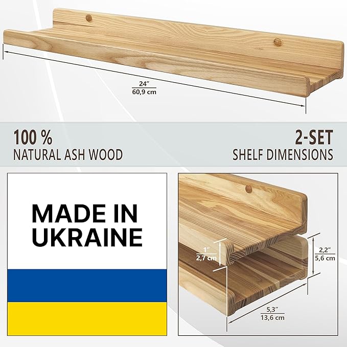 Floating Shelves for Wall 24 inch, Waterproof, Wall Storage Shelves with Lip, Display Picture Ledge Shelf for Living Room Photo Frame, Natural Wood Hanging Book Shelves (White, Set 2)