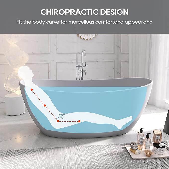 SJ STAR&JANE 65" Solid Surface Freestanding Bathtub Stone Resin Soaking Tub Light Gray Double Slippers Stand Alone Oval Tub with Pop-up Drain and Overflow for Bathroom