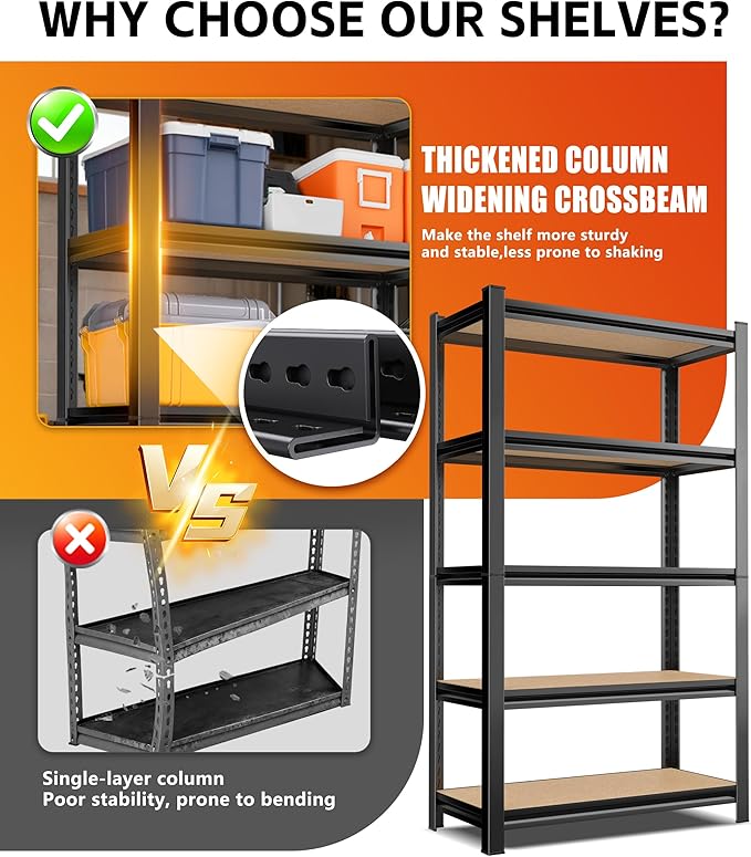 AOAORRG Set of 4 Garage Shelving Heavy Duty Storage Shelves, 5-Tier Metal Adjustable Shelving Unit, Utility Garage Organizer Shelf Rack for Basement, Pantry, Warehouse, 31.5"W x 13.8"D x 71.2"H, Black