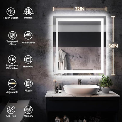 ISKM 32''x36'' LED Mirror for Bathroom Lighted Vanity Mirror for Wall Front Lights + Backlit LED Bathroom Mirror Anti-Fog Tempered Glass ETL Listed