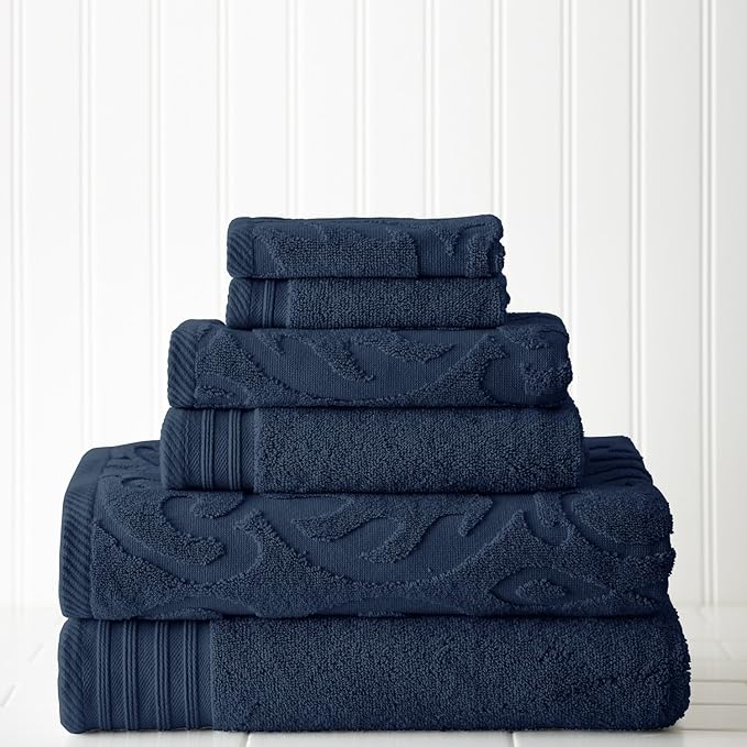 Modern Threads 6 Piece Jacquard/Solid Towel Set-Medallion Swirl Denim