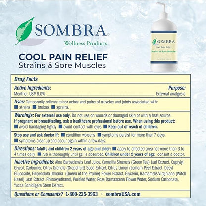 Sombra Original Cool Therapy Gel Cold Pain Relief for Swelling, Growing Pains, Soreness, Post-Workout, Vegan Formula Free of Artificial Fragrances, Dyes, NSAID, Wax, Petroleum, Alcohol - 32oz Pump
