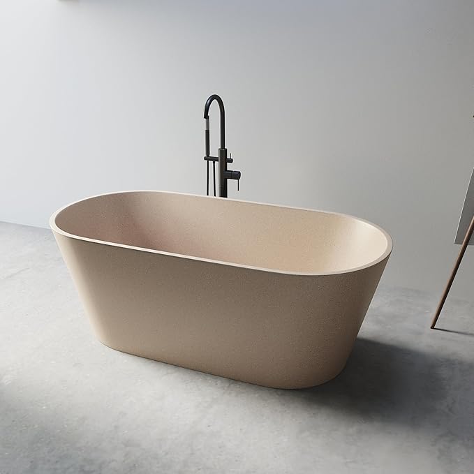 Stone Resin Freestanding Bathtub 59", Terrazzo Bathtub Soaking Tub, Solid Surface Stand Alone Bathtub with Drain & Integrated Slotted Overflow AMFS-MY008