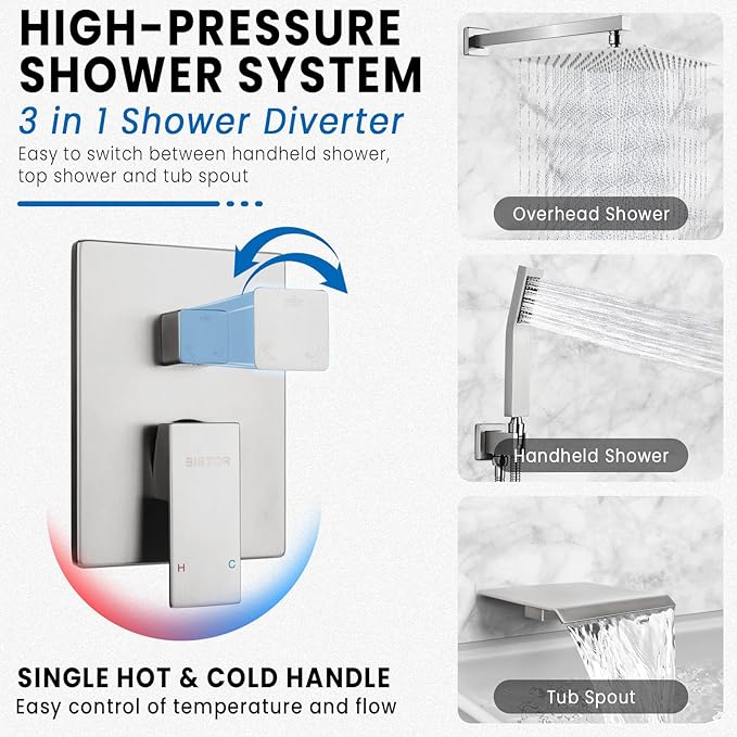 Wall Mounted Shower Faucet Set, Shower System with Tub Spout, 10 Inch Rainfall Shower Head with Handheld Spray, Waterfall Tub Spout Bathtub Faucet, Brushed Nickel