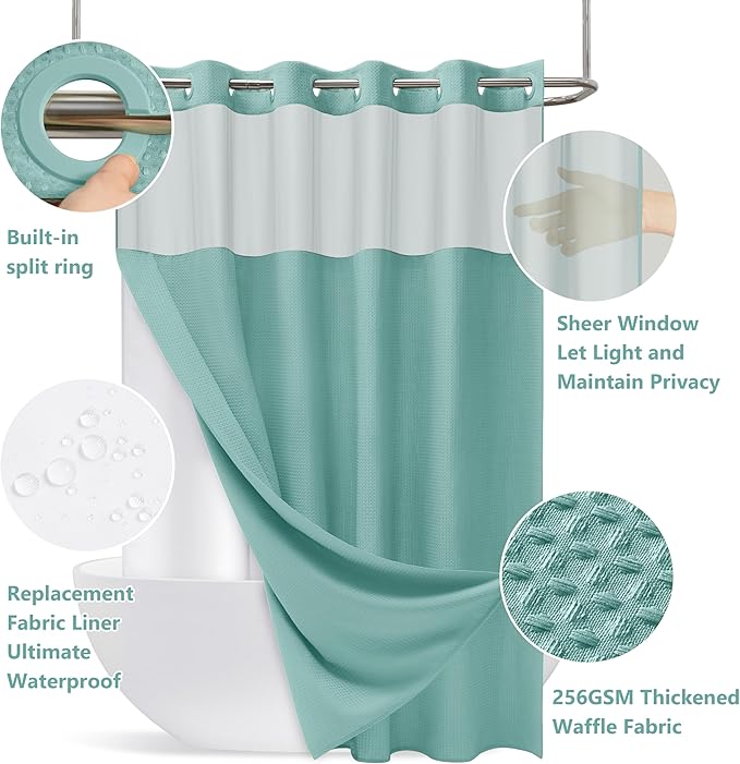 No Hook Waffle Weave Shower Curtain Set with Snap-in Fabric Liner and Mesh Top Window,256GSM Heavy Duty Fabric,Turquoise Washable Luxury Shower Curtain for Bathroom Stalls (72x75 Inch)