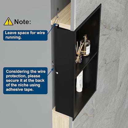 2-Tiers 12x24 Shower Niche, RGB LED Light Strips, Matte Black Wall Cabinet Shlef, Stainless Steel NO Tile Needed Recessed Wall Niche for Bathroom Storage Organizer