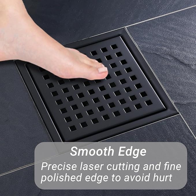 6 Inch Square Shower Floor Drain, Stainless Steel Black Shower Drain Kit with Flange, Floor Drain with Removable Grid Cover,Matte Black