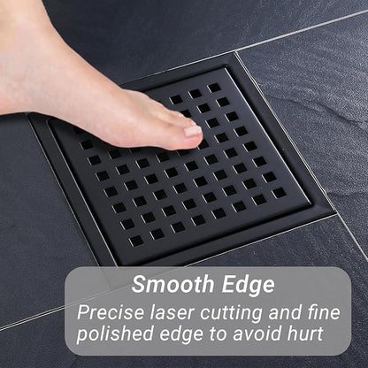 4 Inch Square Shower Floor Drain, Stainless Steel Black Shower Drain Kit with Flange, Floor Drain with Removable Grid Cover,Matte Black