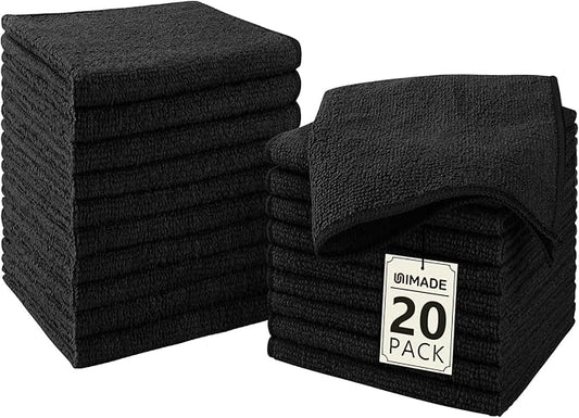 Washcloths - 20 Pack - Face Towels (12" x 12"), Highly Soft Wash Cloths and Hand Towels, Fast Drying Multi-Purpose Microfiber Cleansing Cloths for Bathroom, Hotel, Spa, and Salon - Black