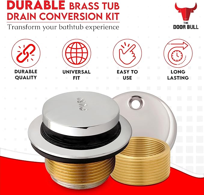 Tip-Toe Bathtub Drain Trim Kit with Two-Hole Overflow Faceplate – All Brass Tub Drain Stopper Replacement – Fits Fine or Coarse Thread Drain Shoe – Universal Tub Drain Assembly