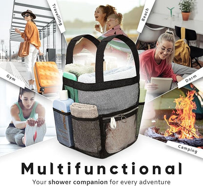 Mesh Shower Caddy Dorm, 7 Pockets & 1 with Zipper, Shower Tote with Padded Handles, Travel Portable, Shower Caddy College Room Essentials, Bathroom Shower Bag (Black)
