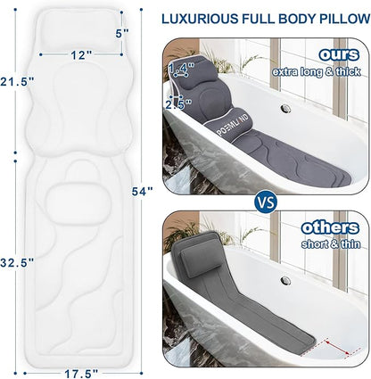 Full Body Bath Pillow for Tub - Extra Long & Thick Tub Pillow with Head, Back & Lumbar Support, 168 Non-Slip Suction Cups, Soft 5D Mesh Spa Cushion, Fits All Tubs-Gift for Soaking