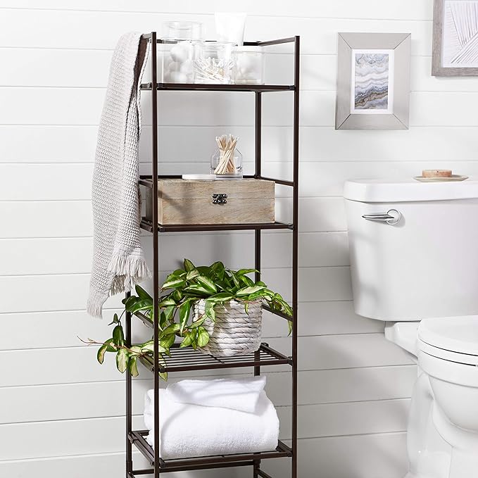 Amazon Basics 4-Tier Iron Towel Shelf for Bathroom, Black, 11.4"L x 11.8"W x 44.5"H