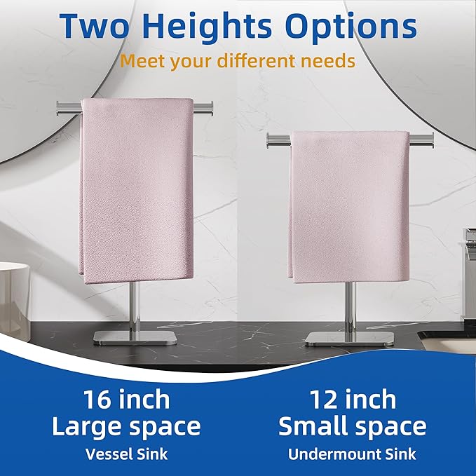 RUACQ T-Shape Hand Towel Holder Stand, Weighted Base Towel Rack, Countertop Towel Holder for Bathroom, 304 Stainless Steel, Heavy Duty (Chrome)
