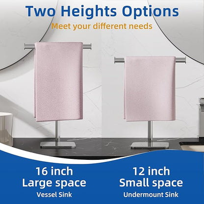 RUACQ T-Shape Hand Towel Holder Stand, Weighted Base Towel Rack, 12" Countertop Towel Holder for Bathroom, 304 Stainless Steel, Heavy Duty (Chrome, 2 Pack)