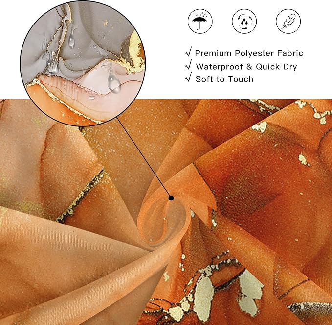 Extra Long Shower Curtain 72 x 84 Inch, Orange Tall Abstract Marble Shower Curtains for Bathroom, Modern Luxury Art Decor Ink Texture Fabric Shower Curtain Set with Hooks