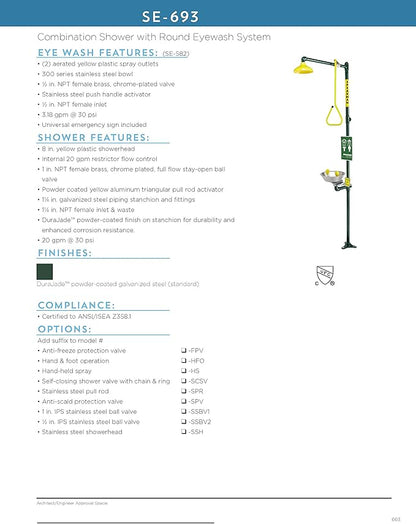 Speakman SE-693 Traditional Series Combination Emergency Eyewash and Shower Essential Safety Station, 1.25-in Stanchion, Stainless Steel Bowl