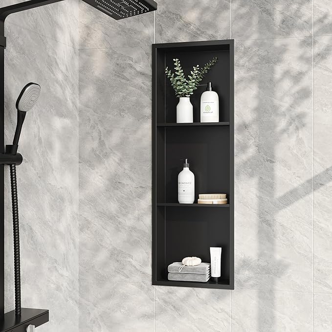 Neodrain 3-Tier 12X36 Inch Recessed Shower Niche Tile Ready, Matte Black Stainless NO Tile Needed Wall Niche for Shower & Bathroom Storage, Waterproof Bath Organizer