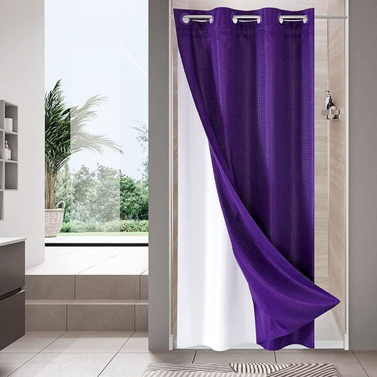 MitoVilla Purple Waffle Small Stall Shower Curtain Liner Set 36 x 74, No Hooks Needed Half Size Narrow Waffle Weave Fabric Shower Curtain Set with Snap-in Liner for Modern Spa-Like Bathroom Decor