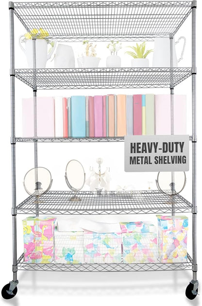 4000 LBS Heavy Duty Wire Rack 48 x 24 x 76, 5-Tier NSF Commercial Rolling Rack with Wheels, Chrome Metal Shelving Unit for Garage, Kitchen, Warehouse, Adjustable Storage Shelf, Crescent