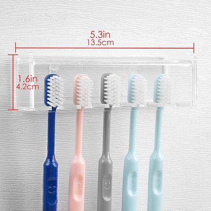 5 Slots Wall Mount Toothbrush Holder with Cover, Self Adhesive Toothbrush Storage Organizer for Shower, Toothbrush Hanger for Bathroom, Medicine Cabinet, Dorm (Clear)