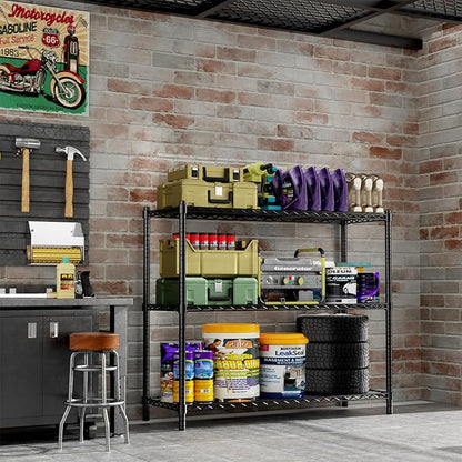Storage Shelves Heavy Duty, 48" W x 20" D x 47" H Garage Wire Shelving Unit Loads 1200LBS, 3-Tier Adjustable Metal Industrial Utility Shelf Rack for Kitchen, Laundry Room, Pantry, Warehouse, Basement